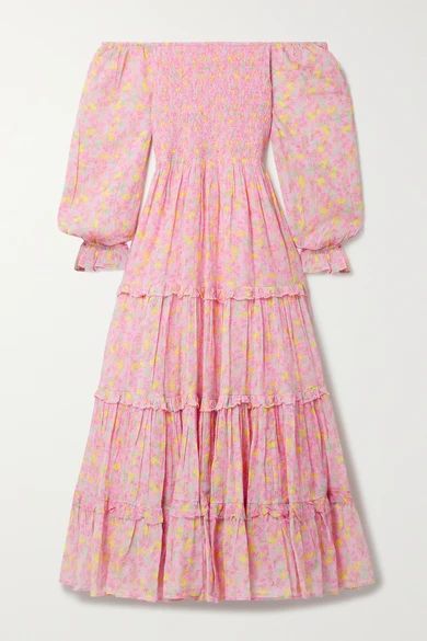 Capri Tiered Shirred Floral-print Cotton-voile Midi Dress - Pink