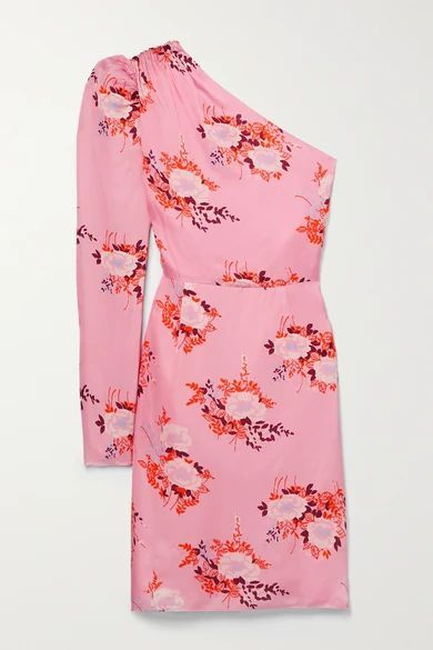 One-sleeve Floral-print Matte-satin Mini Dress - Pastel pink