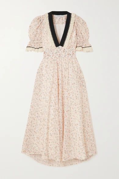 Sabrina Belted Crochet-trimmed Floral-print Crepe Maxi Dress - Beige