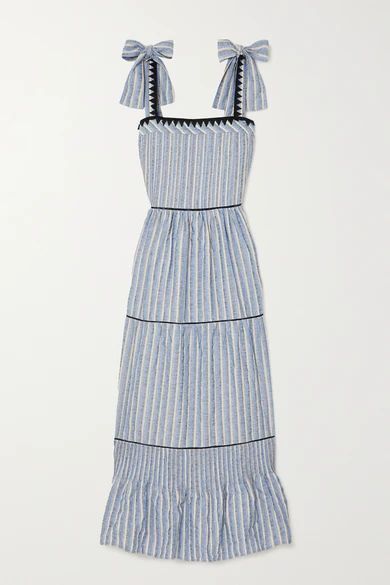 Ornella Bow-detailed Tiered Striped Jacquard Maxi Dress - Blue