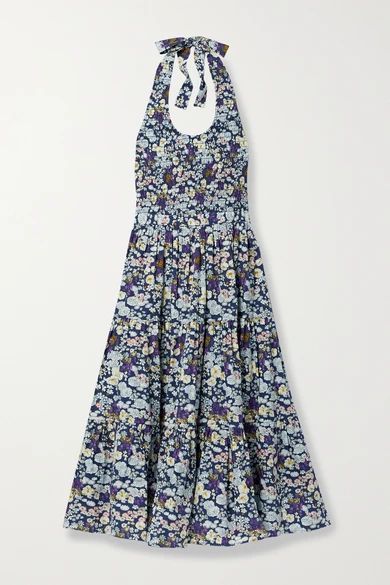 Shirred Floral-print Cotton-poplin Halterneck Midi Dress - Blue