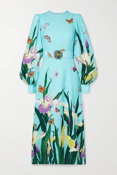 Crystal-embellished Floral-print Silk Crepe De Chine Midi Dress - Turquoise