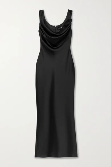 Draped Satin Midi Dress - Black