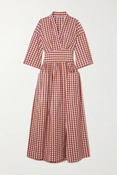 Charita Gingham Cotton-blend Seersucker Wrap Midi Dress - Brick