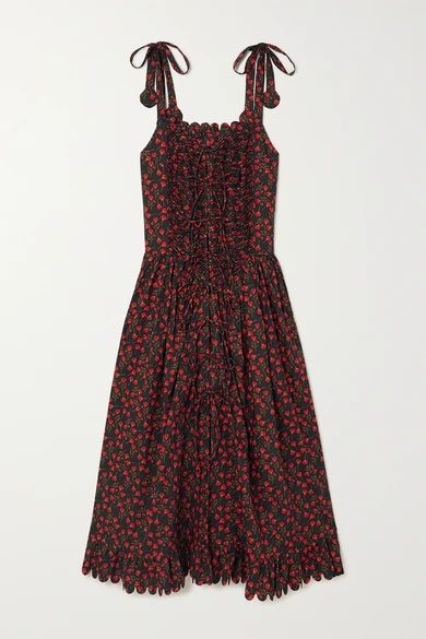 Thekla Tie-detailed Scalloped Floral-print Cotton-poplin Midi Dress - Black