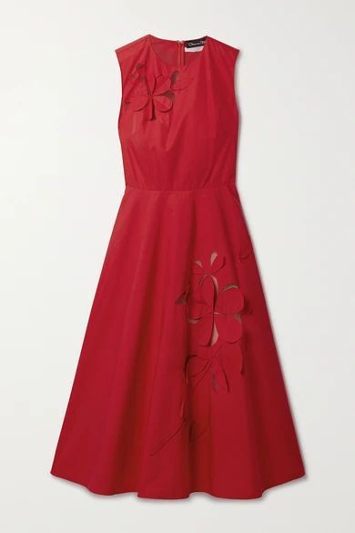 Appliquéd Tulle-paneled Cotton-blend Poplin Midi Dress - Red