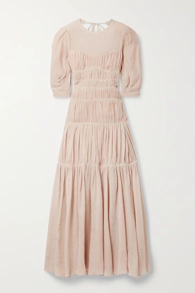 Fira Open-back Ruched Cotton And Linen-blend Gauze Maxi Dress - Beige