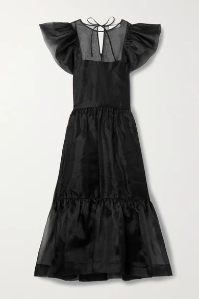Ines Ruffled Tiered Recycled Organza Midi Dress - Black