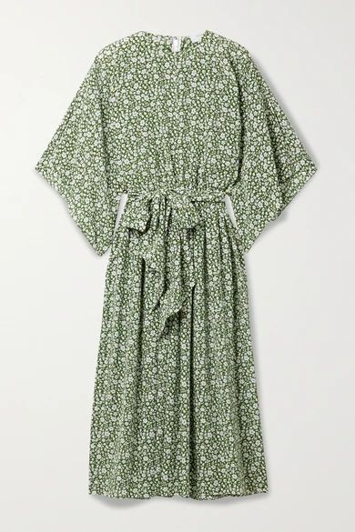 Belted Floral-print Silk Crepe De Chine Midi Dress - Green
