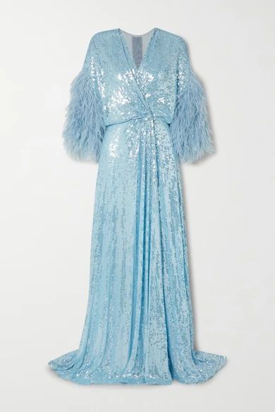 Feather-trimmed Sequined Georgette Gown - Blue