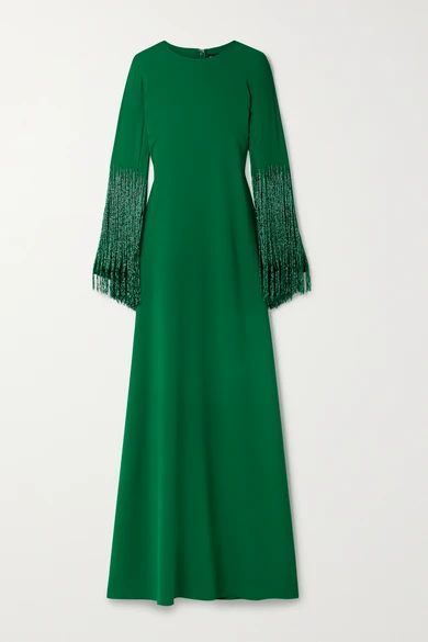 Bead-embellished Stretch-silk Georgette Gown - Forest green