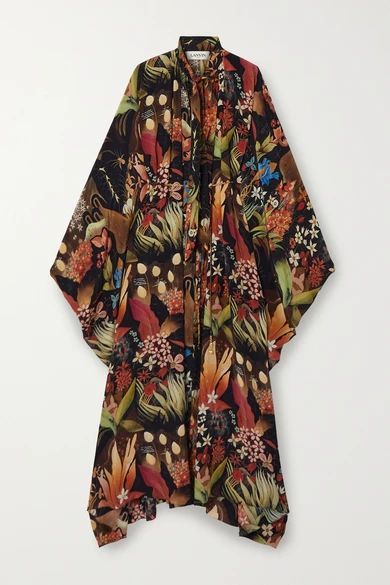 Belted Pussy-bow Floral-print Silk-chiffon Maxi Dress - Black