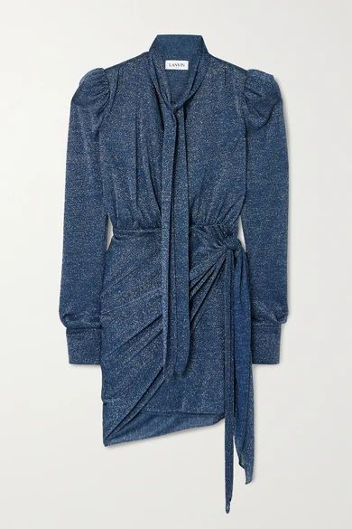 Tie-detailed Wrap-effect Lurex Mini Dress - Blue