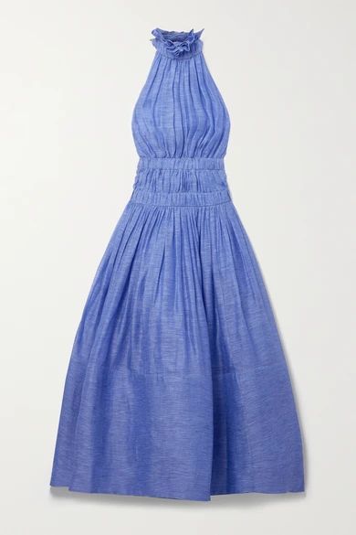 Luminous Gathered Linen And Silk-blend Halterneck Maxi Dress - Blue