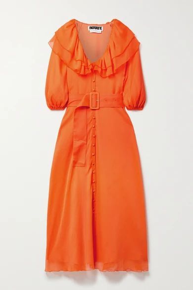 Ellie Belted Ruffled Recycled Chiffon Midi Dress - Orange