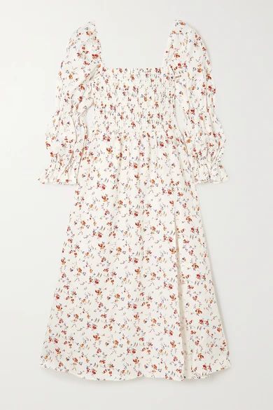 Hyland Smocked Floral-print Linen Midi Dress - Cream