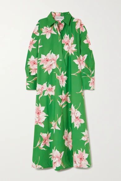 Floral-print Cotton-poplin Maxi Shirt Dress - Green