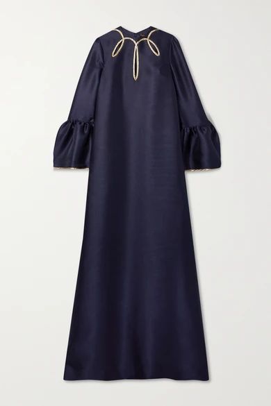 Cutout Metallic-trimmed Satin-piqué Gown - Navy