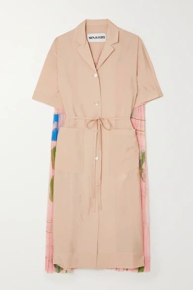 Pleated Printed Voile And Woven Midi Shirt Dress - Beige