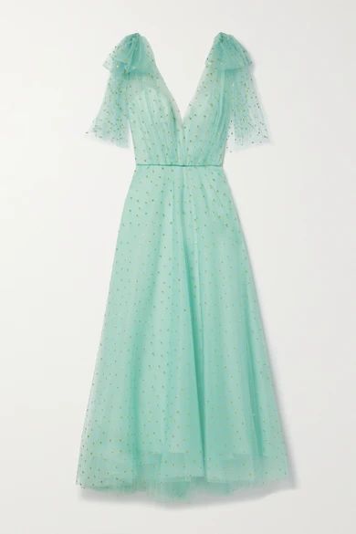 Mini Star Bow-embellished Glittered Tulle Gown - Mint