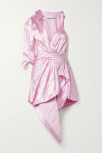 Asymmetric Layered Gathered Crinkled-satin Dress - Baby pink