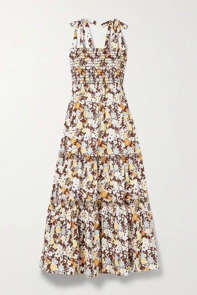 Shirred Tiered Floral-print Cotton-blend Poplin Midi Dress - Brown