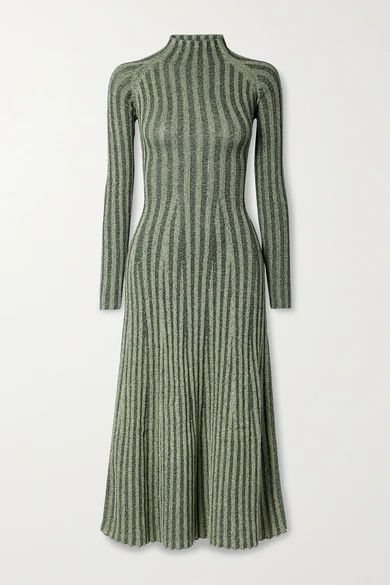 Cutout Ribbed Cotton-blend Midi Dress - Dark green