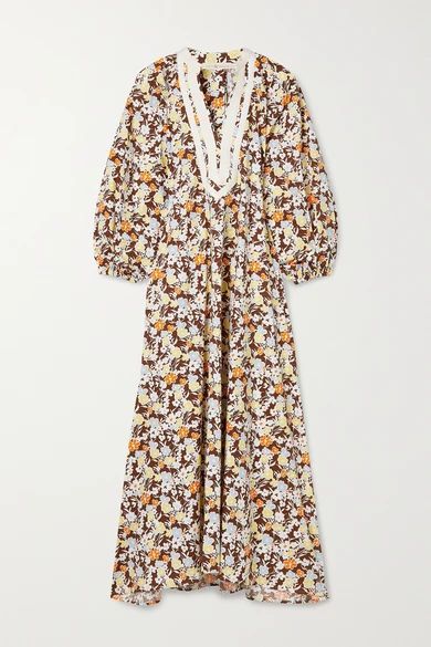 Grosgrain-trimmed Floral-print Cotton Midi Dress - Brown