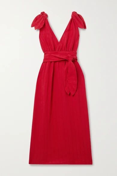 Calypso Belted Striped Linen And Tencel Lyocell-blend Midi Dress - Red
