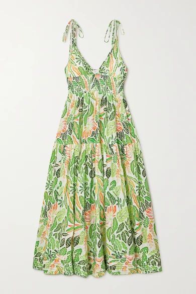 The Melody Shirred Printed Cotton-blend Dress - Green