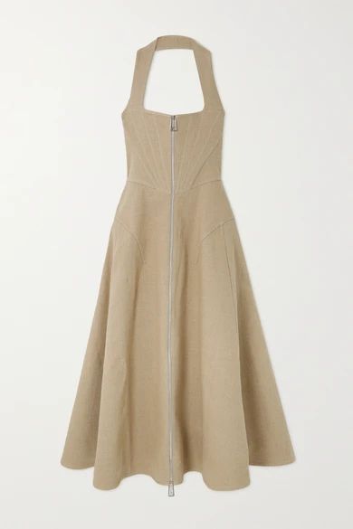 Linen-blend Canvas Halterneck Midi Dress - Beige