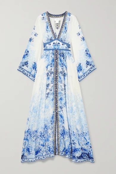 Crystal-embellished Floral-print Silk Crepe De Chine Maxi Dress - White