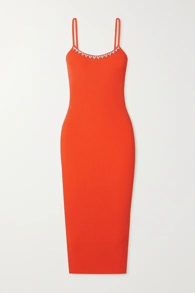 Crystal-embellished Ribbed-knit Midi Dress - Orange