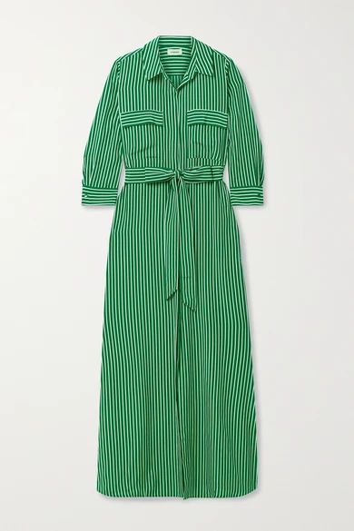 Cameron Belted Striped Silk Crepe De Chine Maxi Shirt Dress - Green