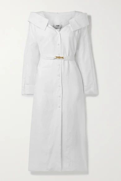 Off-the-shoulder Belted Linen-voile Midi Shirt Dress - White