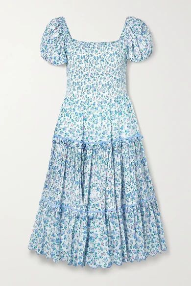 Masie Shirred Floral-print Cotton-voile Midi Dress - Blue