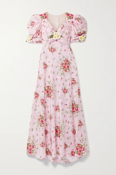 Appliquéd Floral-print Silk Crepe De Chine Maxi Dress - Pink