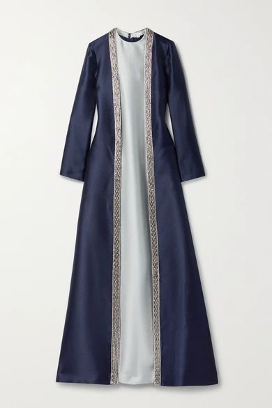 Embellished Layered Mikado-piqué Gown - Navy
