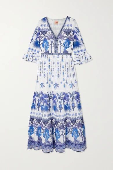 Bella Tiered Embroidered Printed Cotton-voile Maxi Dress - Blue