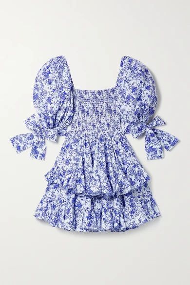 Finley Shirred Tiered Floral-print Cotton-blend Poplin Mini Dress - Blue