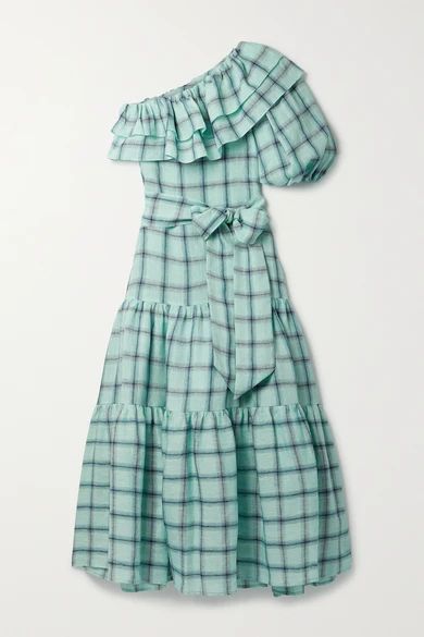 + Net Sustain Arden One-sleeve Checked Linen Maxi Dress - Mint
