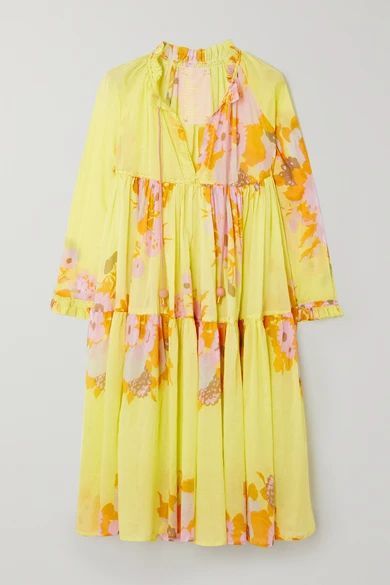 Tiered Printed Cotton-voile Midi Dress - Yellow