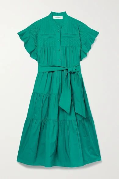 Ebba Belted Pleated Tiered Cotton-poplin Dress - Emerald