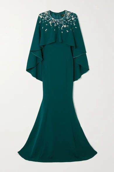 Embellished Cape-effect Crepe Gown - Emerald