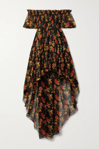Dora Off-the-shoulder Asymmetric Floral-print Silk-chiffon Mini Dress - Black