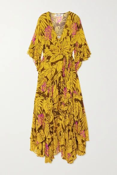 Jean Ruffled Floral-print Crepon Wrap Dress - Yellow