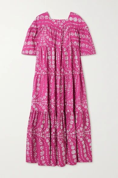 Tiered Printed Waxed-cotton Maxi Dress - Fuchsia