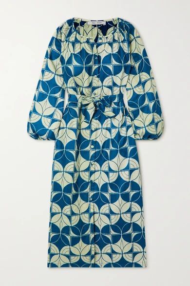 Belted Printed Waxed-cotton Midi Dress - Blue