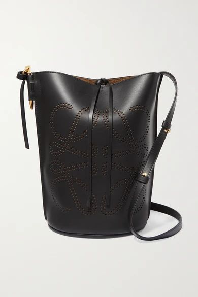 Gate Perforated Leather Bucket Bag - Black