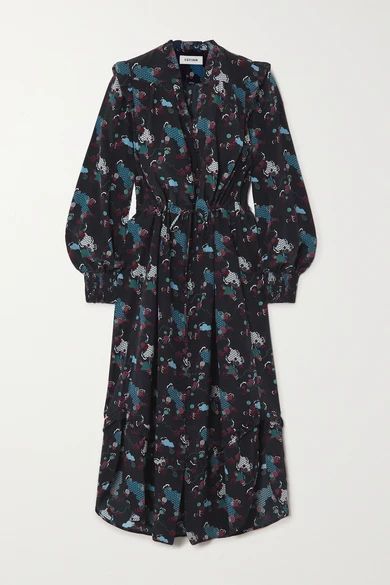 Stella Ruffled Printed Silk Crepe De Chine Midi Dress - Navy